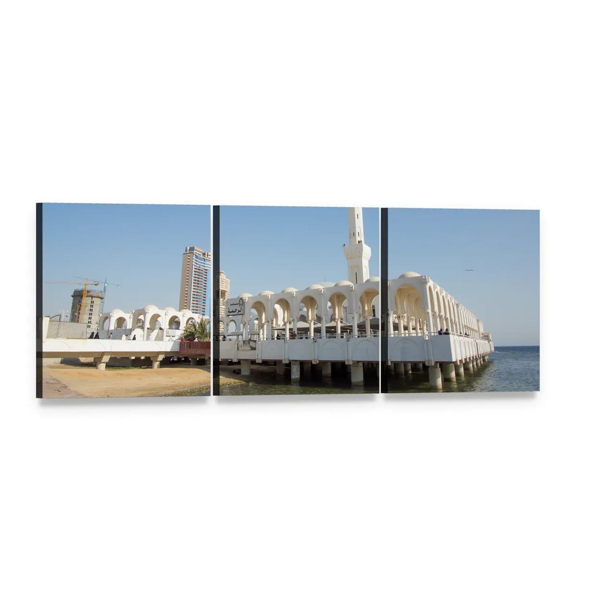 Ar Rahmah Mosque, Jeddah Panoramic Canvas Wall Art, 3 panel 3 Piece layout gallery wrapped canvas set, angled product view