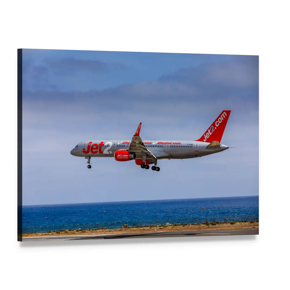 Boeing 757 Jet2 Landing Over Ocean Canvas Wall Art, single panel gallery wrapped canvas, angled product view