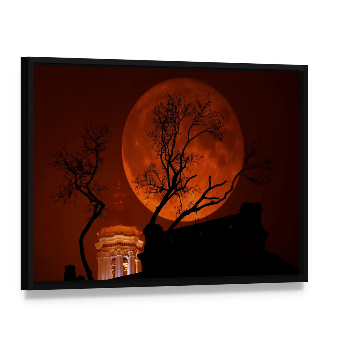 Blood Red Supermoon Over Illuminated Dome Canvas Wall Art, framed canvas in a black floater frame, angled product view