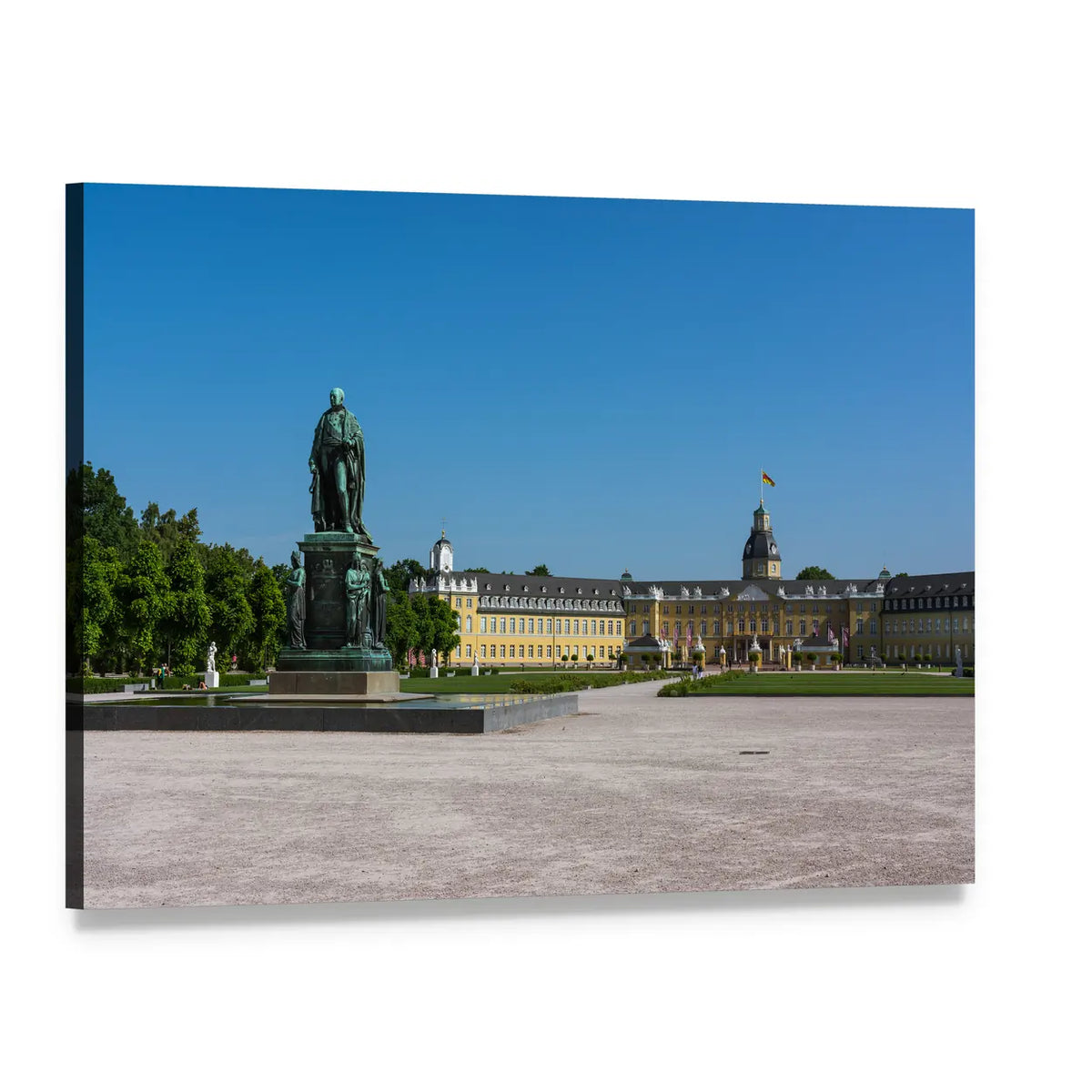 Karlsruhe Palace with Bronze Equestrian Statue Canvas Wall Art, single panel gallery wrapped canvas, angled product view