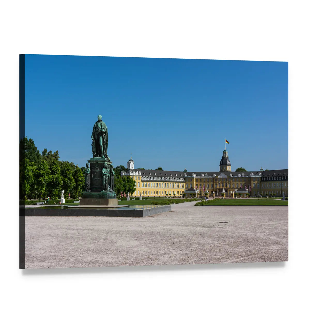 Karlsruhe Palace with Bronze Equestrian Statue Canvas Wall Art, single panel gallery wrapped canvas, angled product view