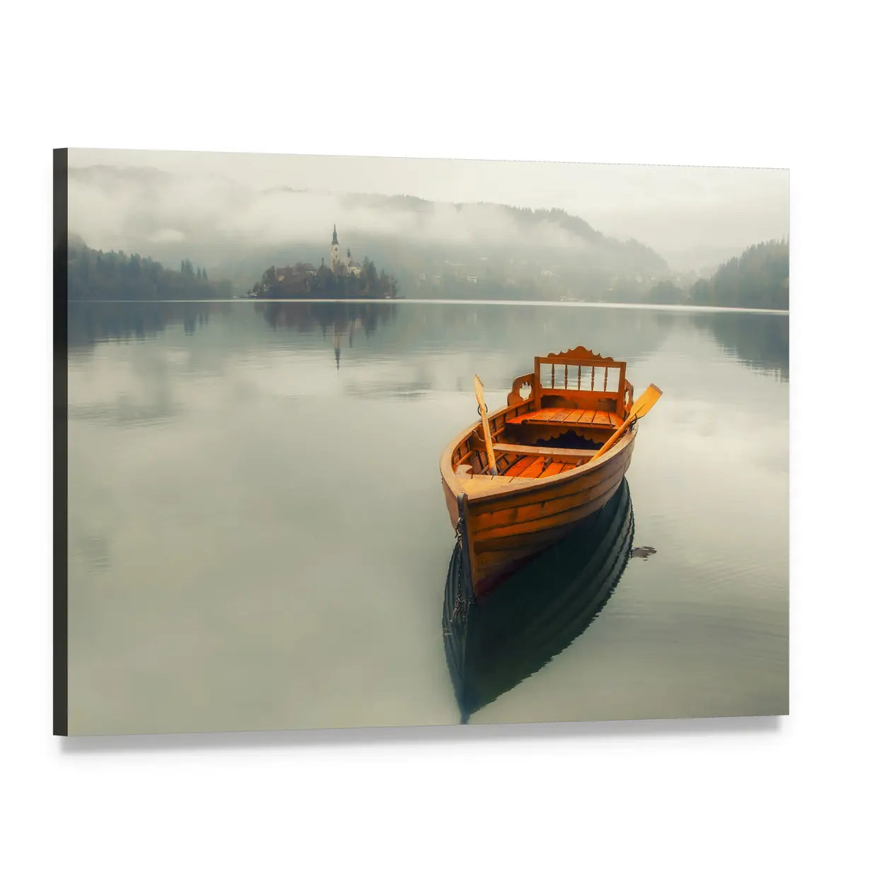 Rowboat on Foggy Lake with Island Church Canvas Wall Art, single panel gallery wrapped canvas, angled product view