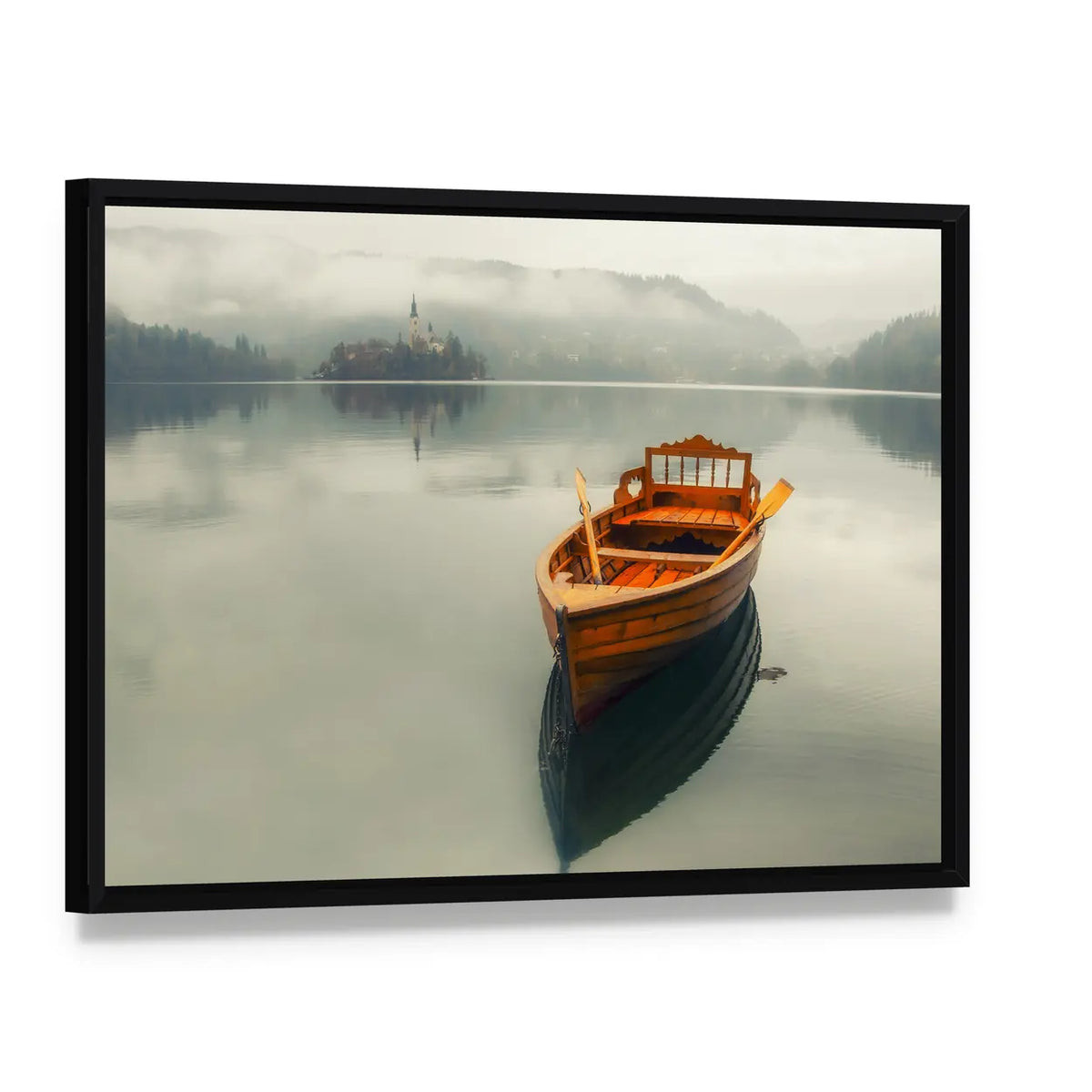 Rowboat on Foggy Lake with Island Church Canvas Wall Art, framed canvas in a black floater frame, angled product view