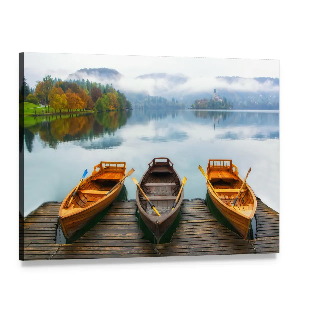 Boats on Bled Lake Canvas Wall Art, single panel gallery wrapped canvas, angled product view