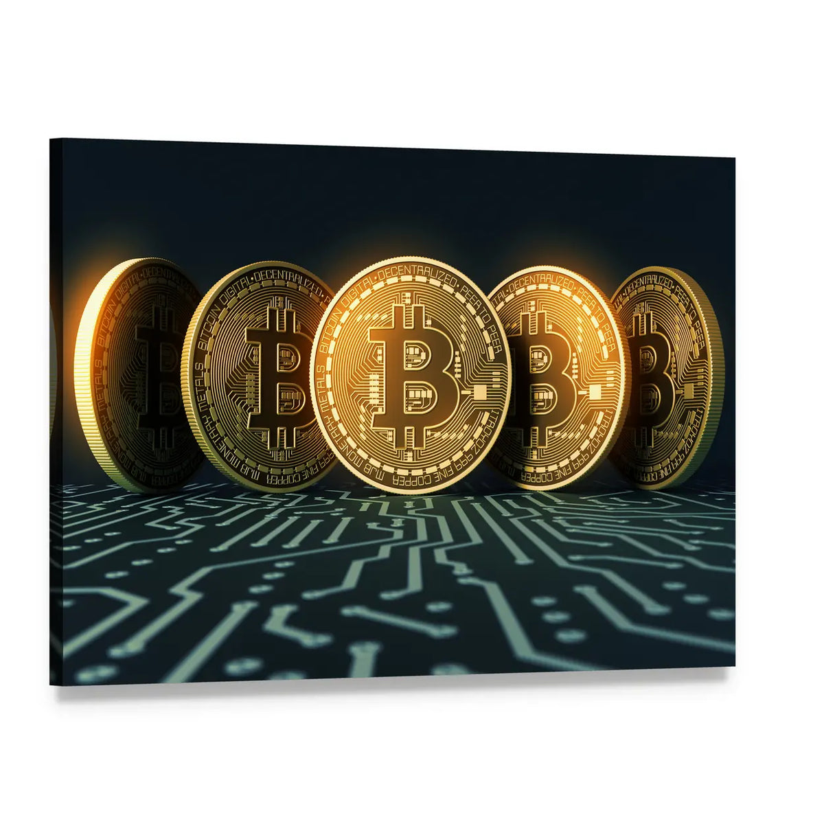 Golden Bitcoin Coins on Circuit Board Canvas Wall Art, single panel gallery wrapped canvas, angled product view