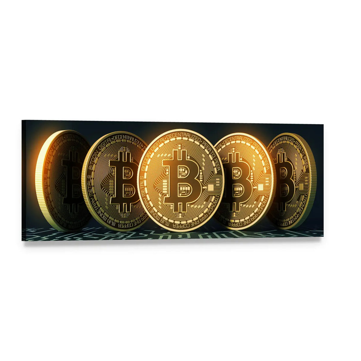 Five Golden Bitcoin Tokens Panoramic Canvas Wall Art, single panel gallery wrapped canvas, angled product view