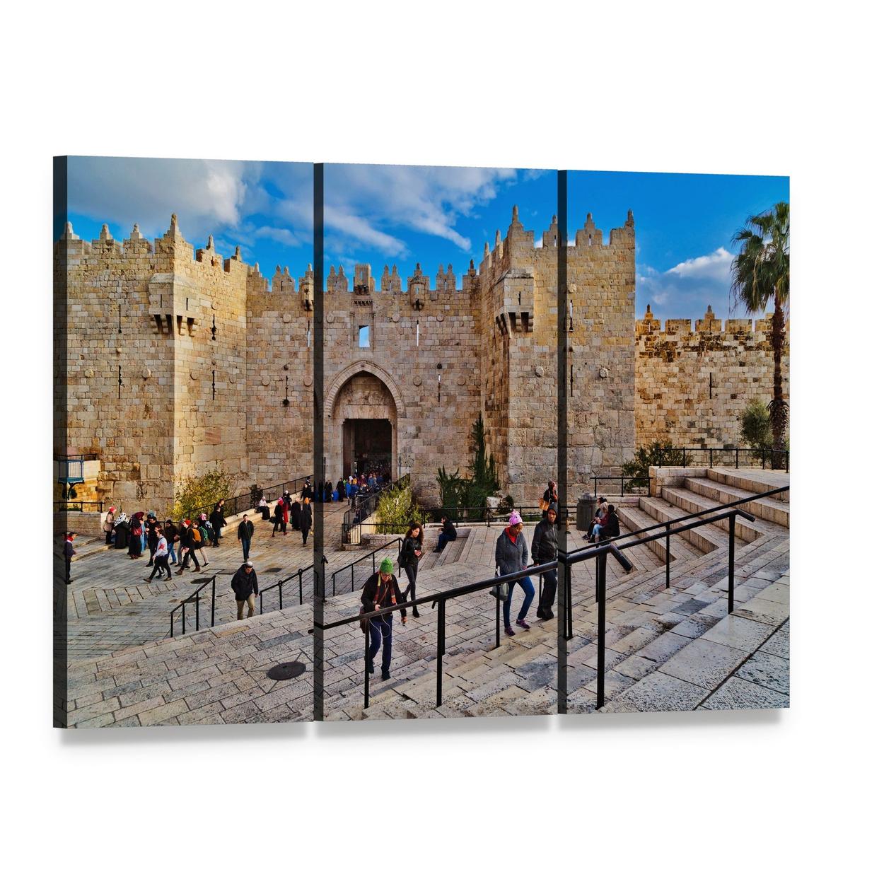 Damascus Gate Courtyard Scene Canvas Wall Art, 3 panel 3 Horizontal layout gallery wrapped canvas set, angled product view