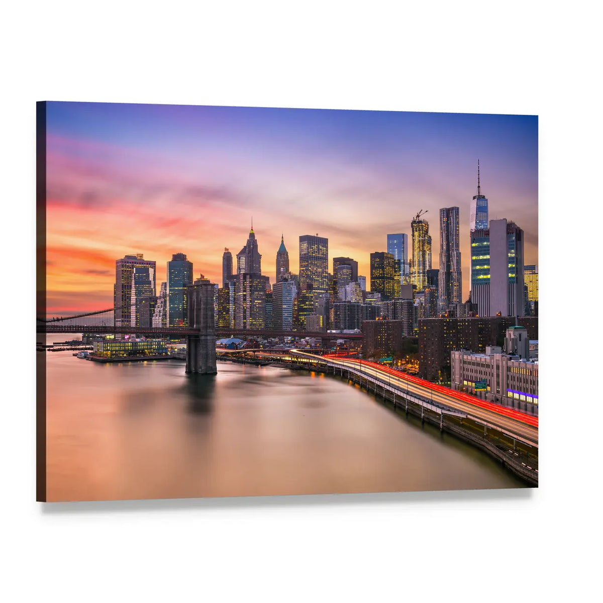 Brooklyn Bridge and Lower Manhattan Skyline Canvas Wall Art, single panel gallery wrapped canvas, angled product view