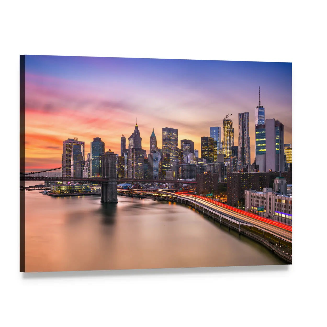 Brooklyn Bridge and Lower Manhattan Skyline Canvas Wall Art, single panel gallery wrapped canvas, angled product view