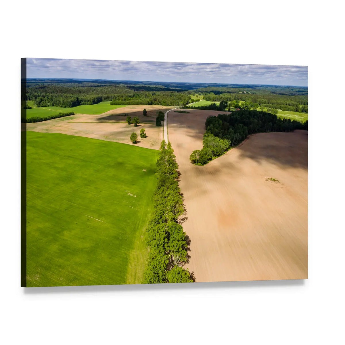 Aerial Summer Fields with Winding Road Canvas Wall Art, single panel gallery wrapped canvas, angled product view