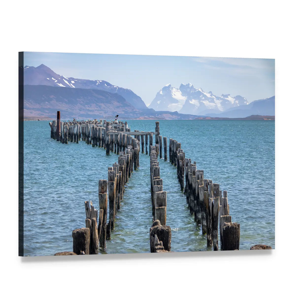Old Dock with Snow-capped Peaks Canvas Wall Art, single panel gallery wrapped canvas, angled product view
