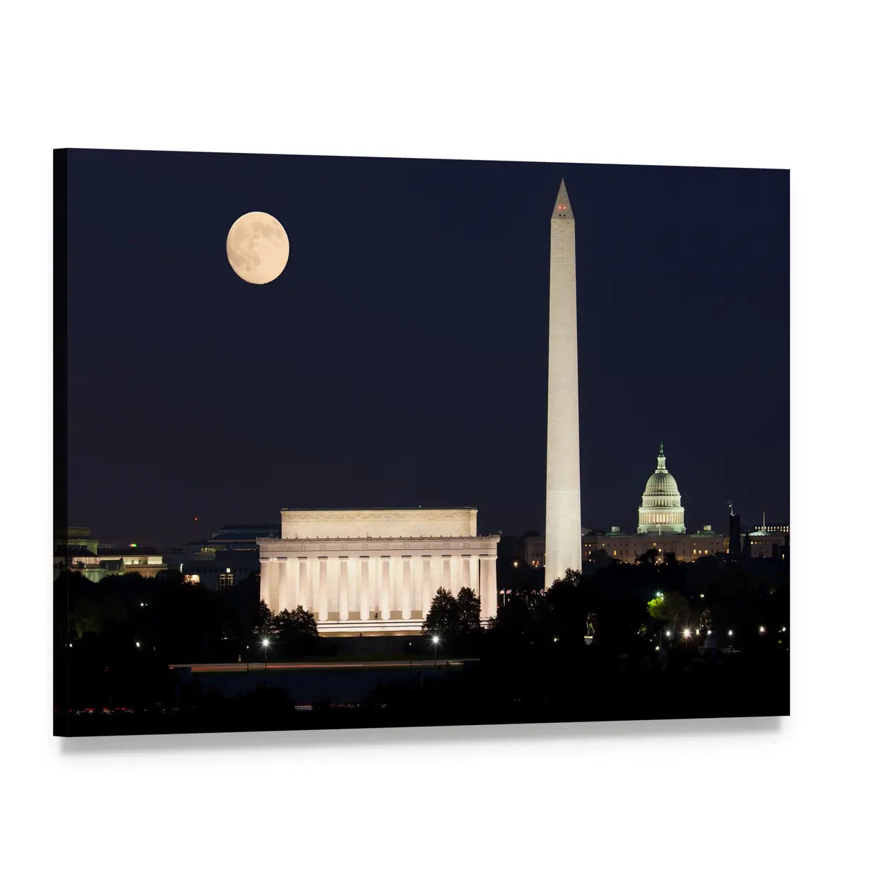 Full Moon Above Lincoln Memorial Canvas Wall Art, single panel gallery wrapped canvas, angled product view