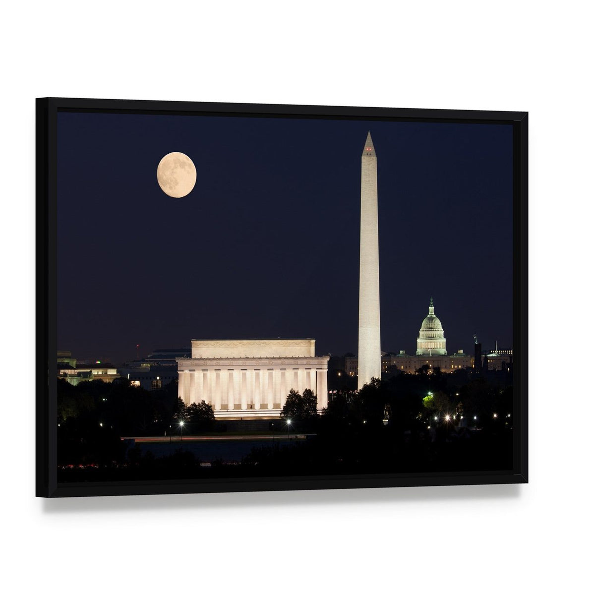 Full Moon Above Lincoln Memorial Canvas Wall Art, framed canvas in a black floater frame, angled product view