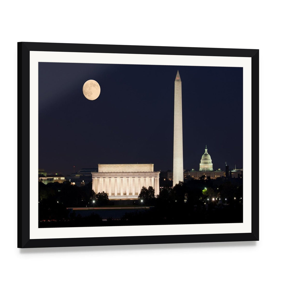 Full Moon Above Lincoln Memorial Canvas Wall Art, framed print with white mat and black frame, angled product view