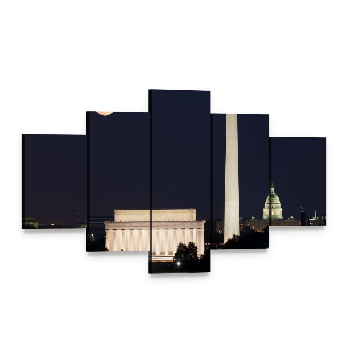Full Moon Above Lincoln Memorial Canvas Wall Art, 5 panel 5 Star layout gallery wrapped canvas set, angled product view