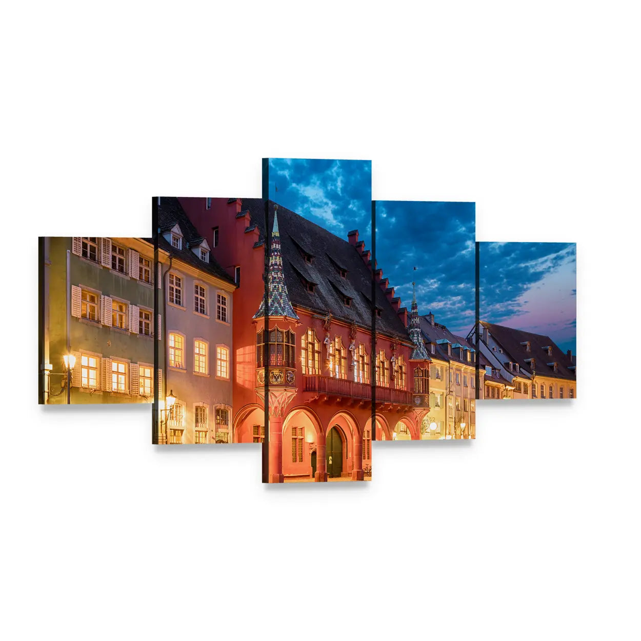 Historical Merchants Hall at Night Canvas Wall Art, 5 panel 5 Star layout gallery wrapped canvas set, angled product view