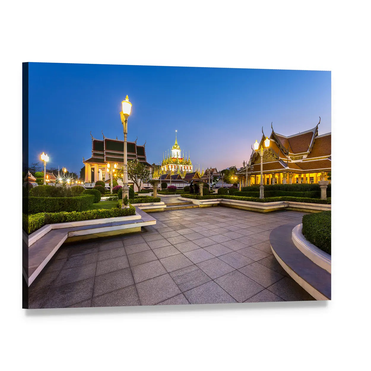 Thai Pavilion Temple at Dusk Canvas Wall Art, single panel gallery wrapped canvas, angled product view