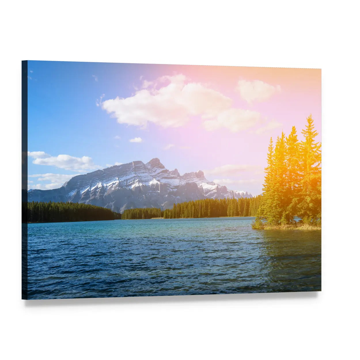 Bow River Valley Sunrise Canvas Wall Art, single panel gallery wrapped canvas, angled product view