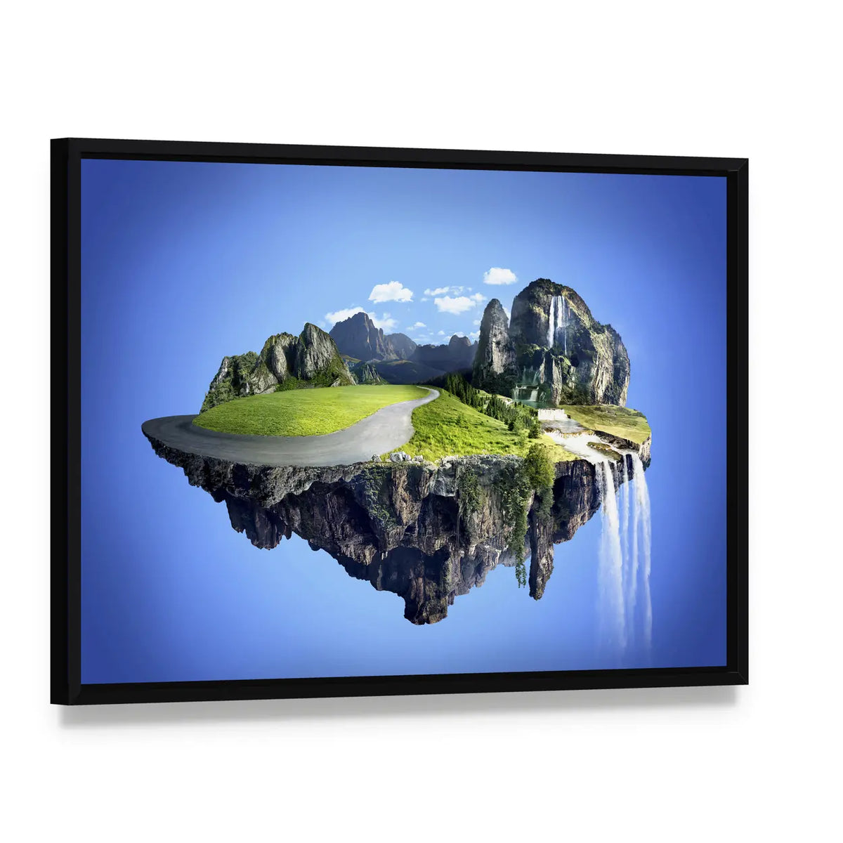 Floating Island with Waterfall Canvas Wall Art, framed canvas in a black floater frame, angled product view