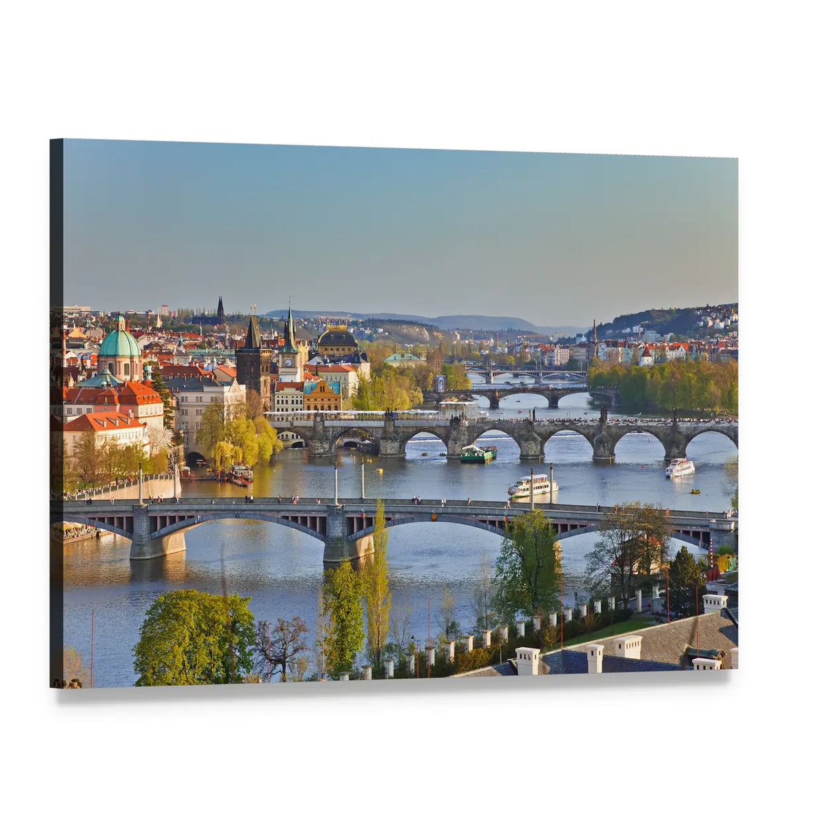 Prague River Bridges at Sunset Canvas Wall Art, single panel gallery wrapped canvas, angled product view