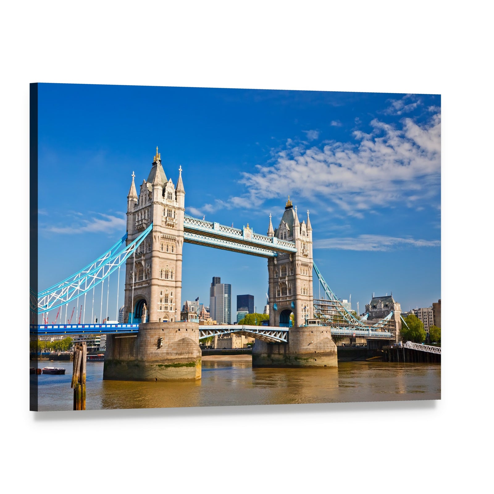 Tower Bridge Under Clear Blue Sky Canvas Wall Art, single panel gallery wrapped canvas, angled product view