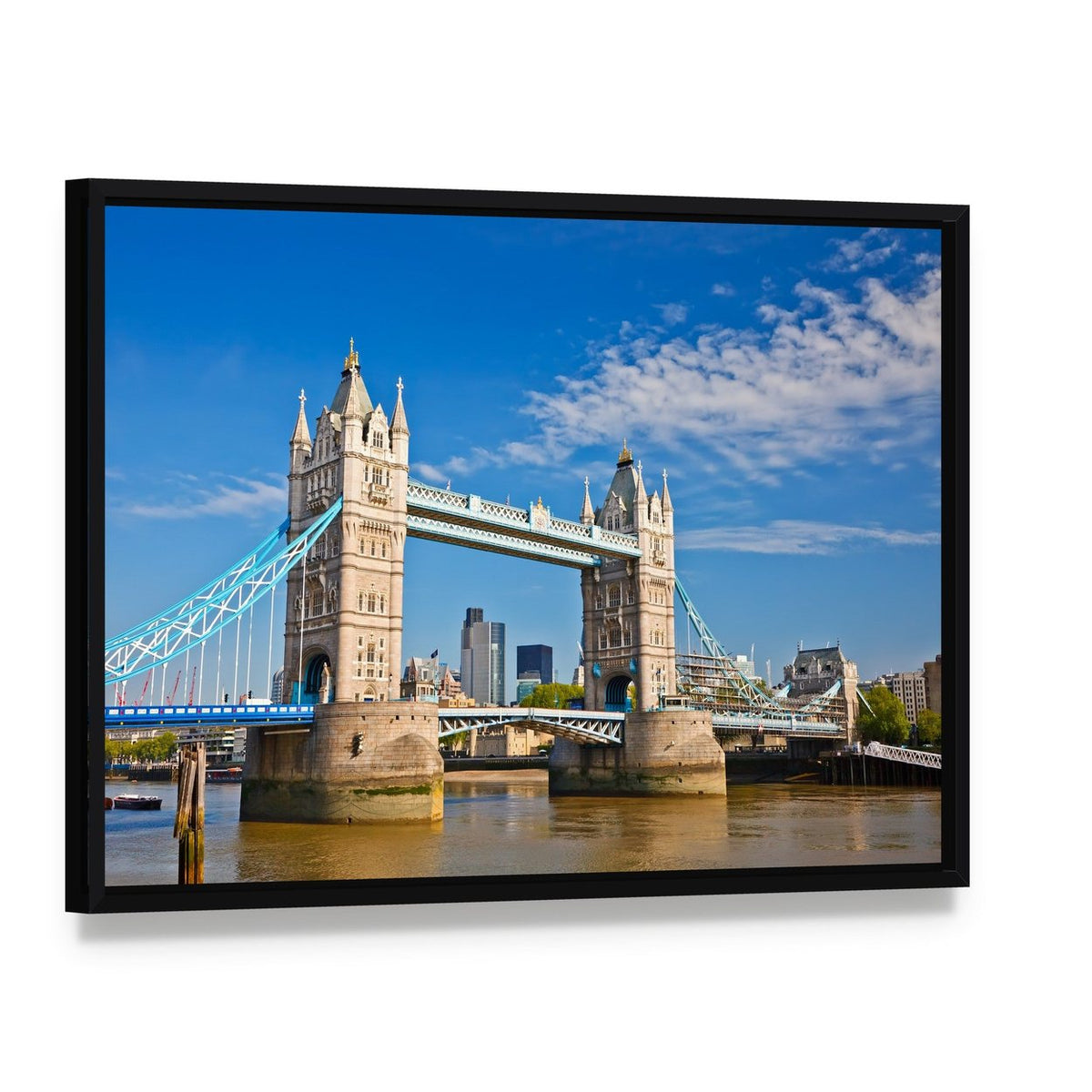 Tower Bridge Under Clear Blue Sky Canvas Wall Art, framed canvas in a black floater frame, angled product view