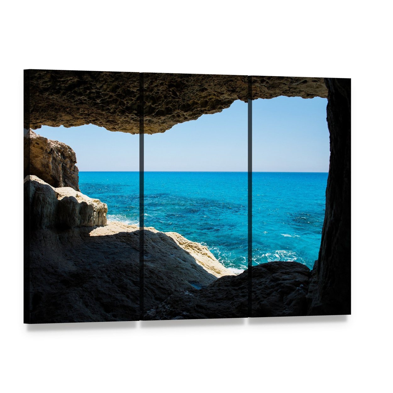 Serene Sea Caves with Ocean View Canvas Wall Art, 3 panel 3 Horizontal layout gallery wrapped canvas set, angled product view
