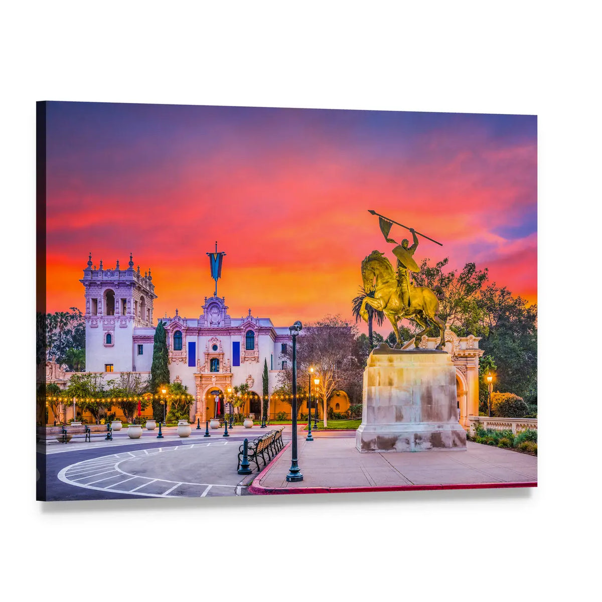 San Diego Cityscape with Equestrian Statue Canvas Wall Art, single panel gallery wrapped canvas, angled product view