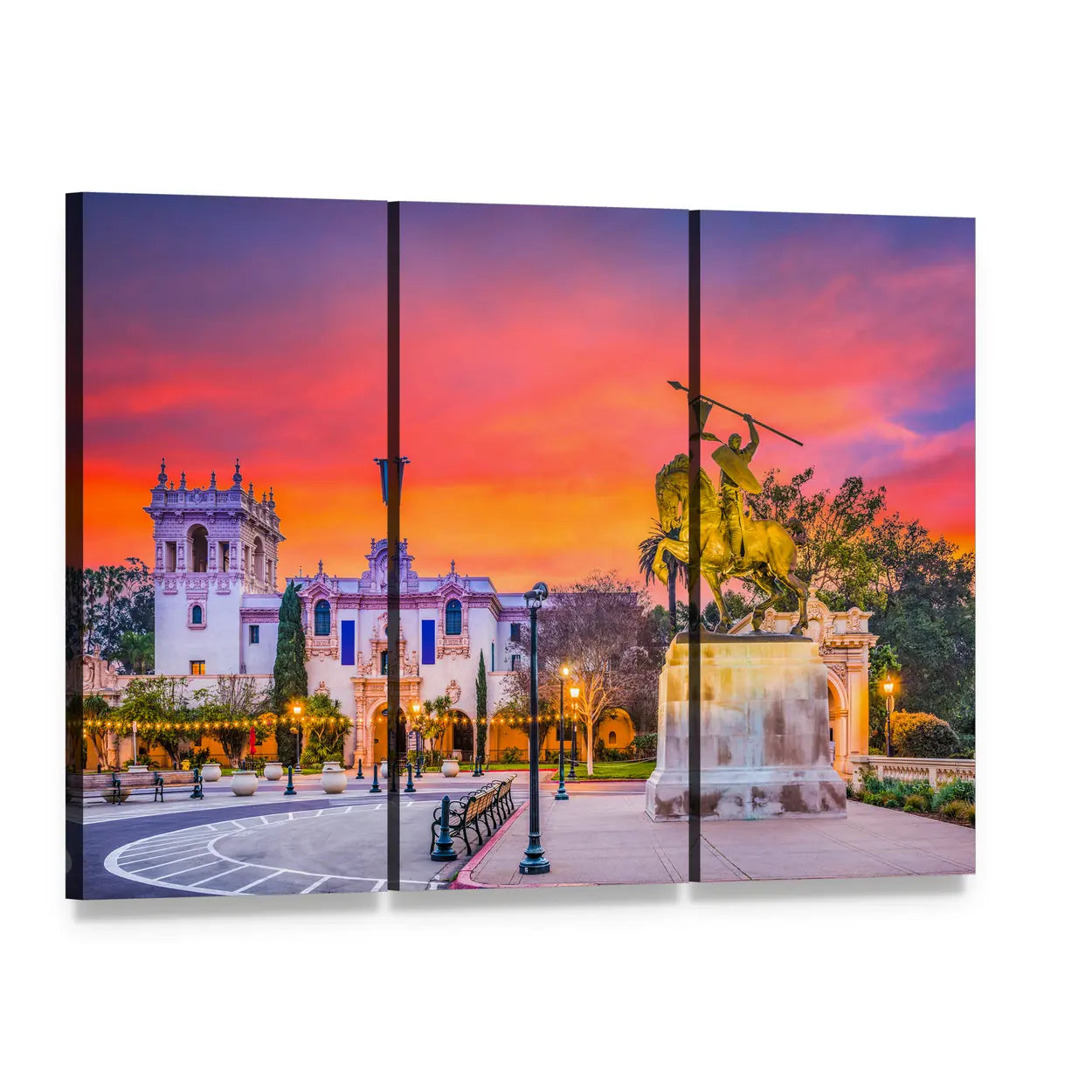 San Diego Cityscape with Equestrian Statue Canvas Wall Art, 3 panel 3 Horizontal layout gallery wrapped canvas set, angled product view
