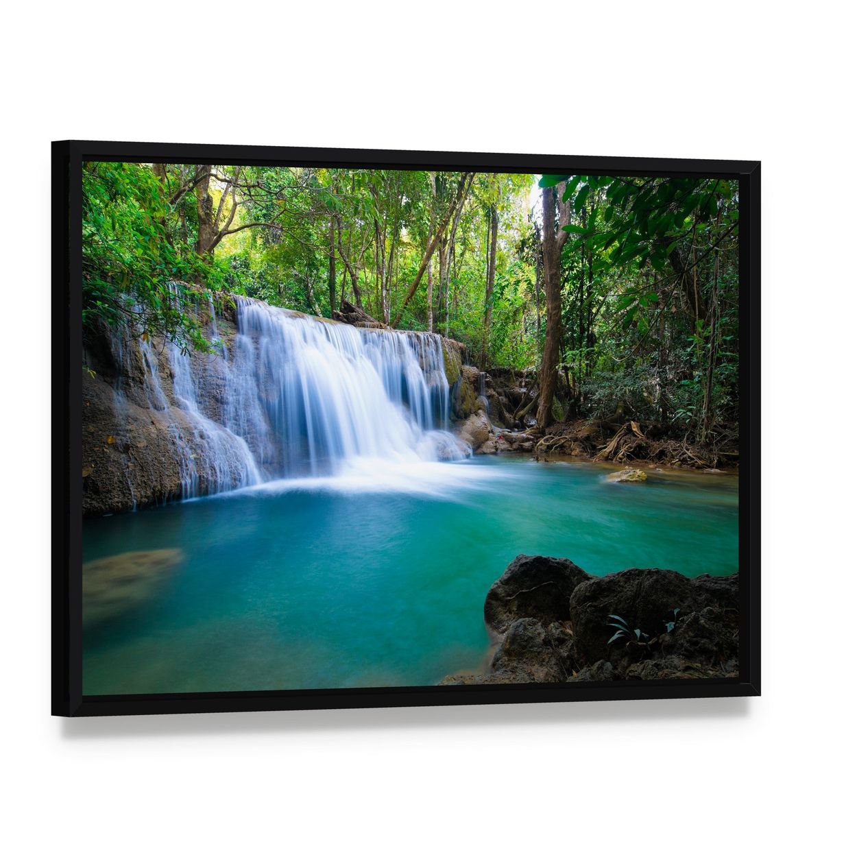 Waterfall in Kanchanaburi Canvas Wall Art, framed canvas in a black floater frame, angled product view