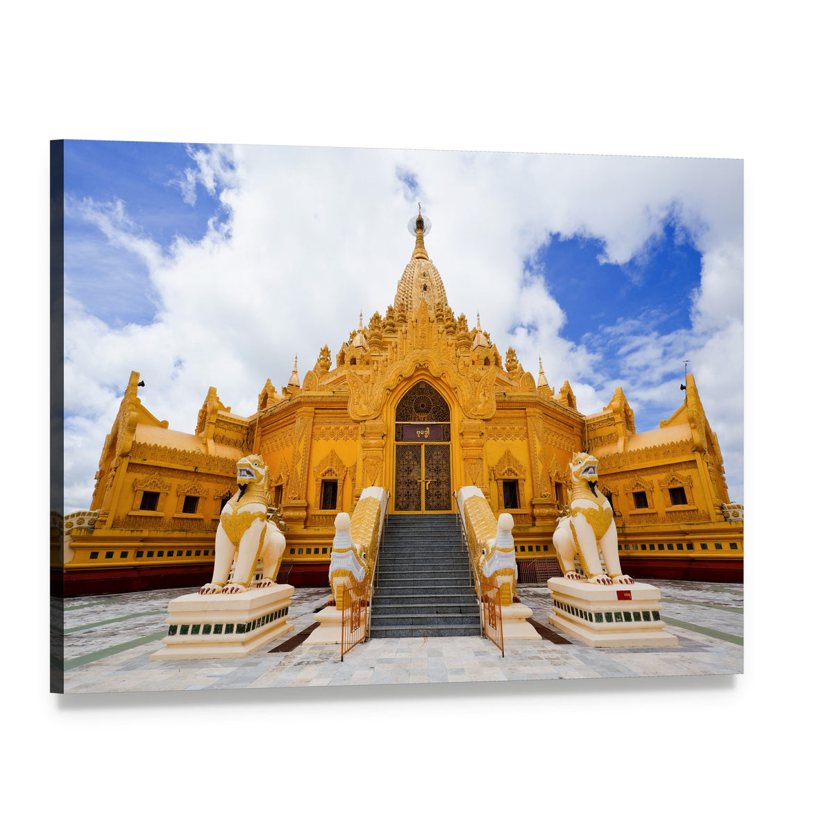 Swe Taw Myat Temple in Gold and White Canvas Wall Art, single panel gallery wrapped canvas, angled product view