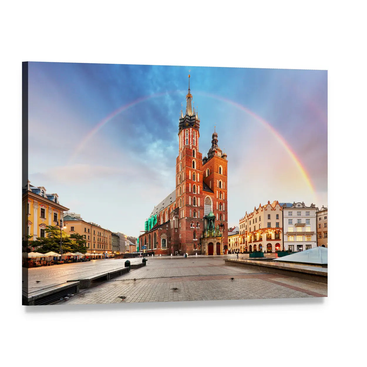 St. Mary's Basilica with Rainbow, Krakow Canvas Wall Art, single panel gallery wrapped canvas, angled product view