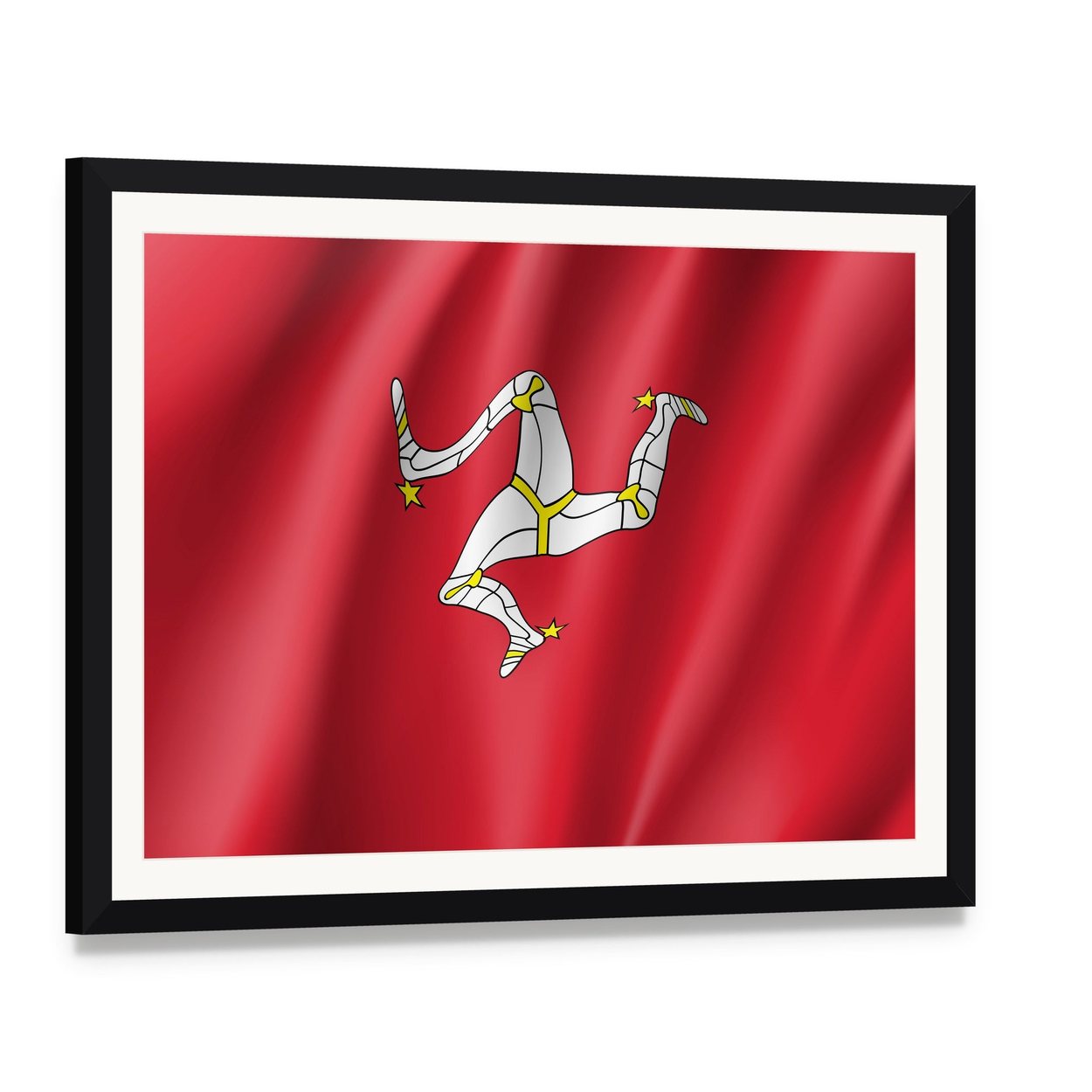 Isle of Man Flag with Triskelion Canvas Wall Art, framed print with white mat and black frame, angled product view
