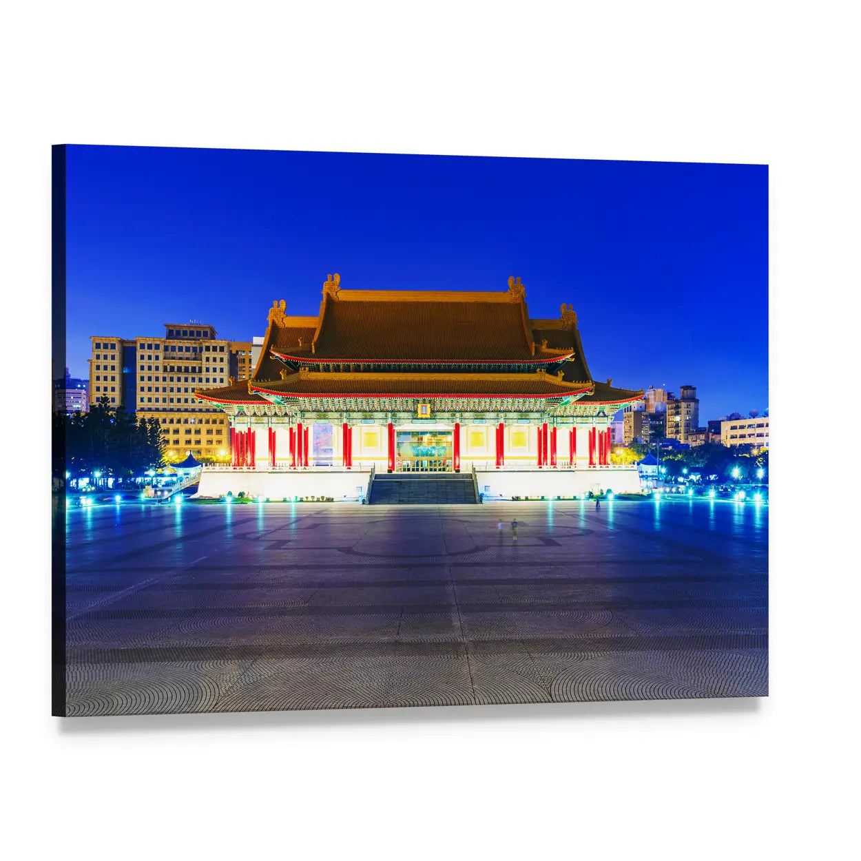 Illuminated East Asian Theater at Night Canvas Wall Art, single panel gallery wrapped canvas, angled product view