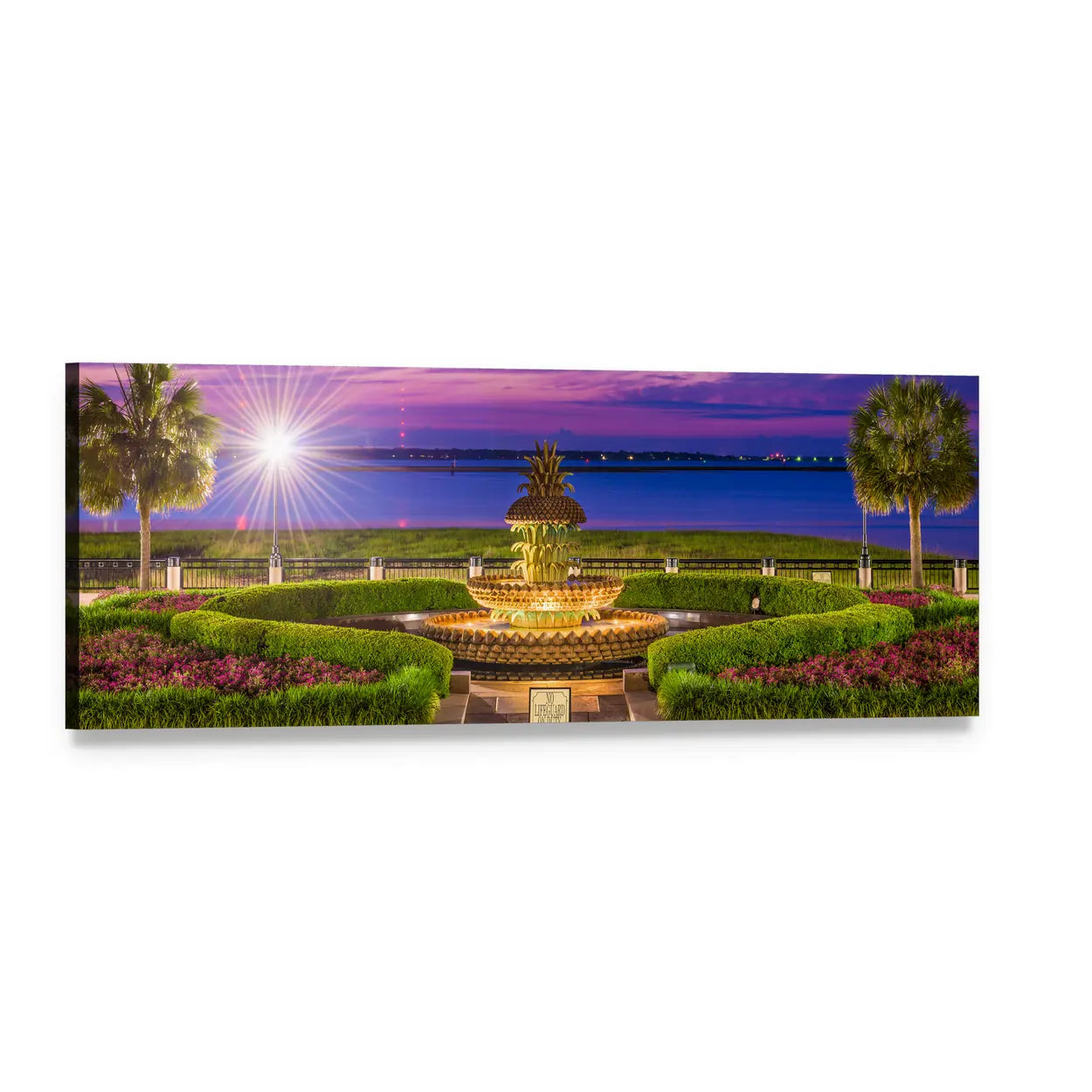 Waterfront Park with Pineapple Fountain Panoramic Canvas Wall Art, single panel gallery wrapped canvas, angled product view