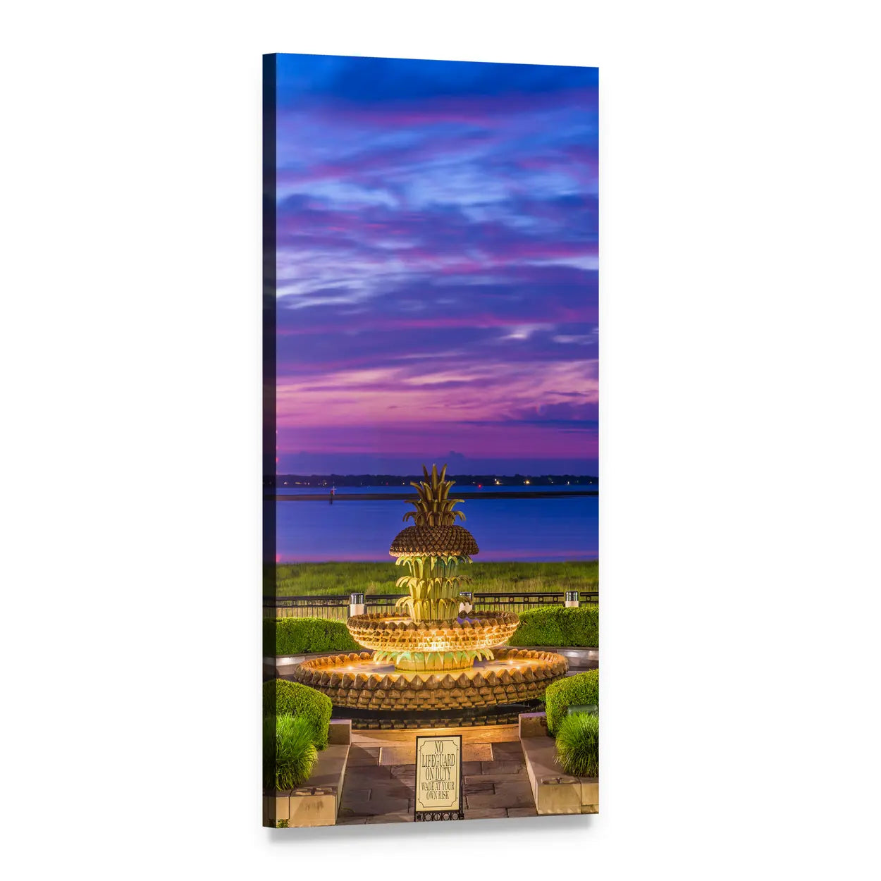 South Carolina Pineapple Fountain at Twilight Vertical Canvas Wall Art, 1 panel 1 Vertical layout gallery wrapped canvas set, angled product view