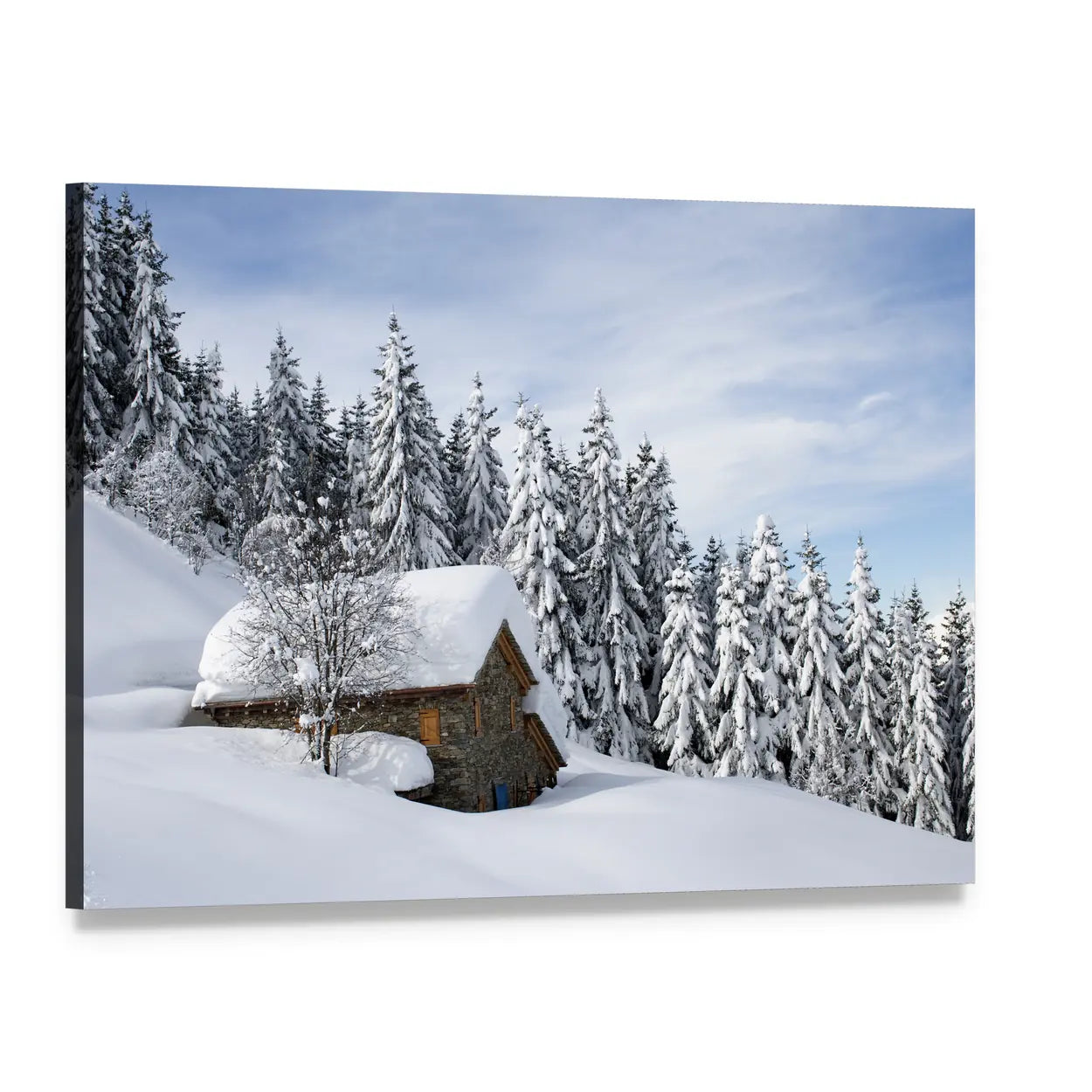 Alpine Hut Under Snow Canvas Wall Art, single panel gallery wrapped canvas, angled product view