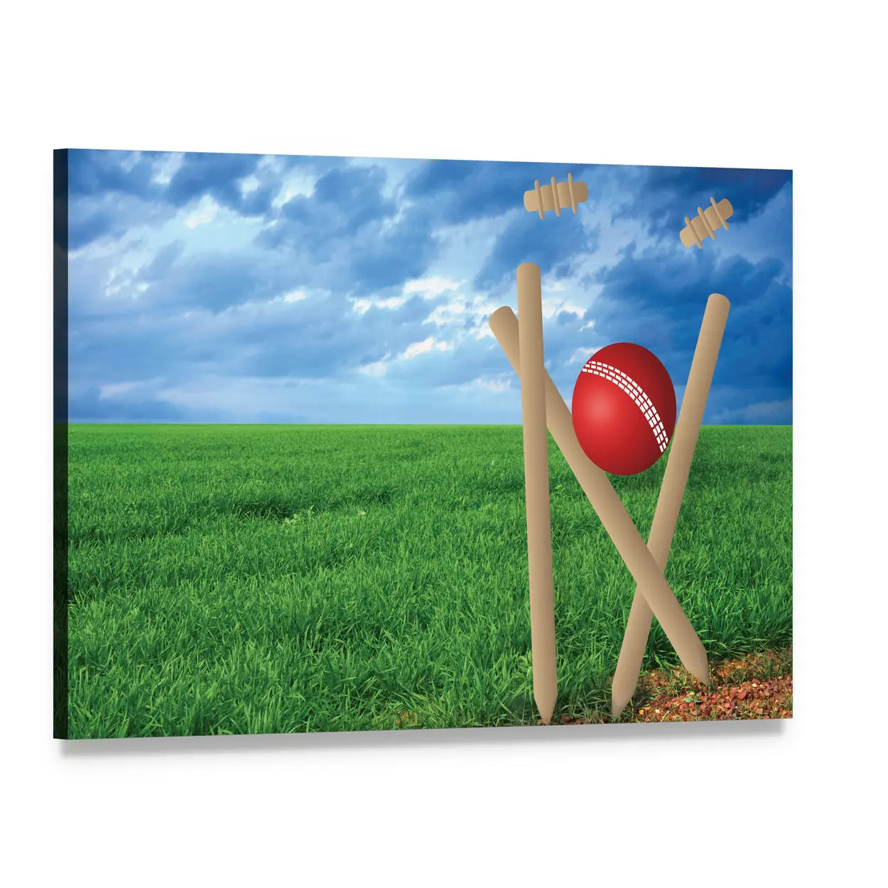 Cricket Ball and Stumps on Green Field Canvas Wall Art, single panel gallery wrapped canvas, angled product view