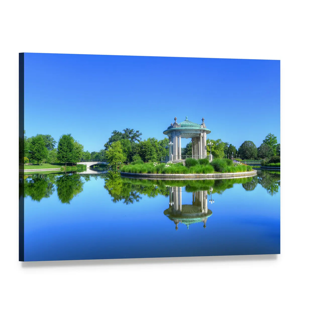 Gazebo Reflections on Forest Lake Canvas Wall Art, single panel gallery wrapped canvas, angled product view