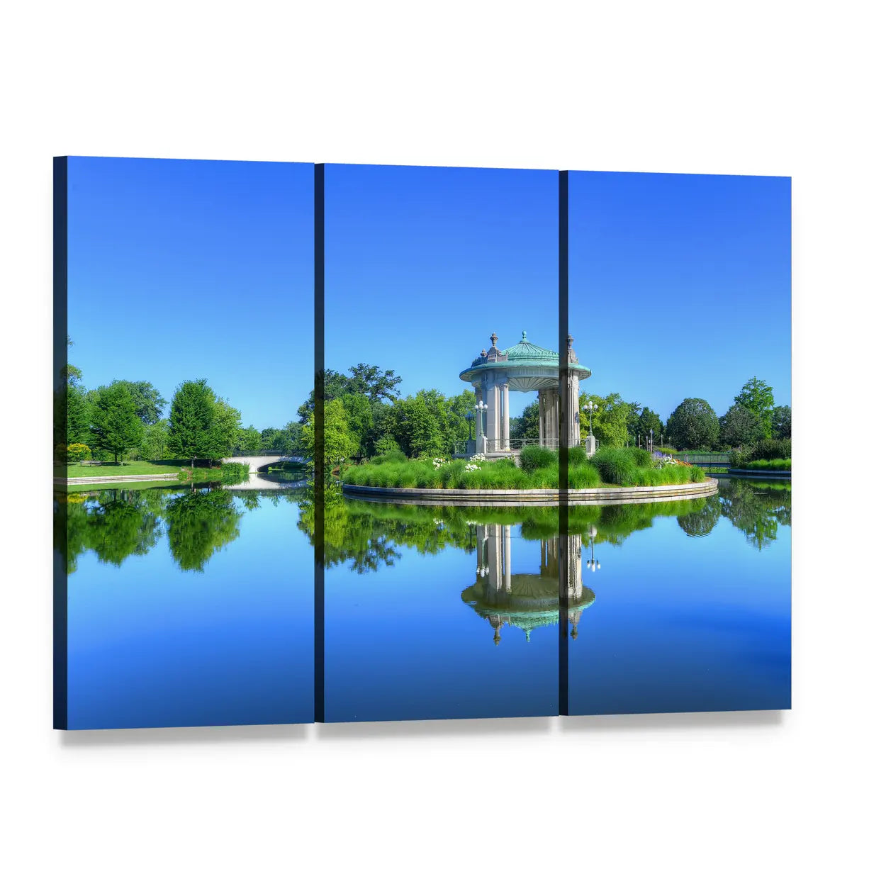 Gazebo Reflections on Forest Lake Canvas Wall Art, 3 panel 3 Horizontal layout gallery wrapped canvas set, angled product view