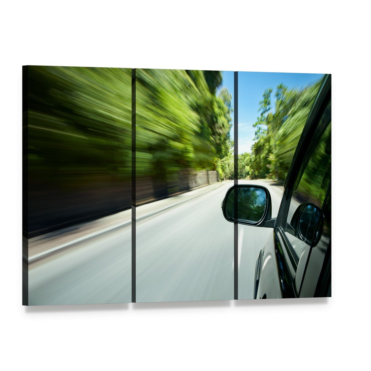 Car Speeding on Road Canvas Wall Art, 3 panel 3 Horizontal layout gallery wrapped canvas set, angled product view