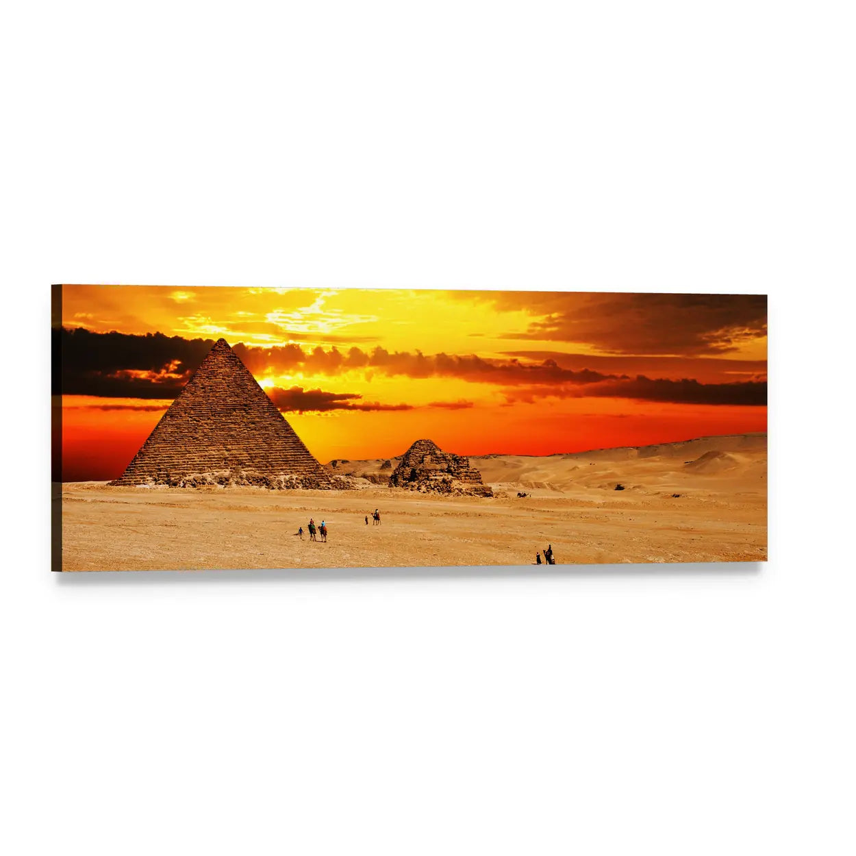 Great Pyramid at Sunset with Camels Panoramic Canvas Wall Art, single panel gallery wrapped canvas, angled product view