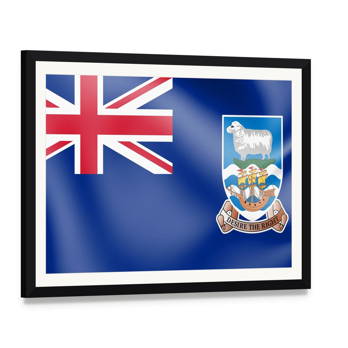 Falkland Island Flag with Coat of Arms Canvas Wall Art, framed print with white mat and black frame, angled product view