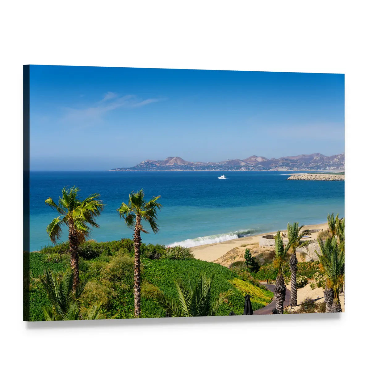 Tropical Beach with Palm Trees and Sailboat Canvas Wall Art, single panel gallery wrapped canvas, angled product view
