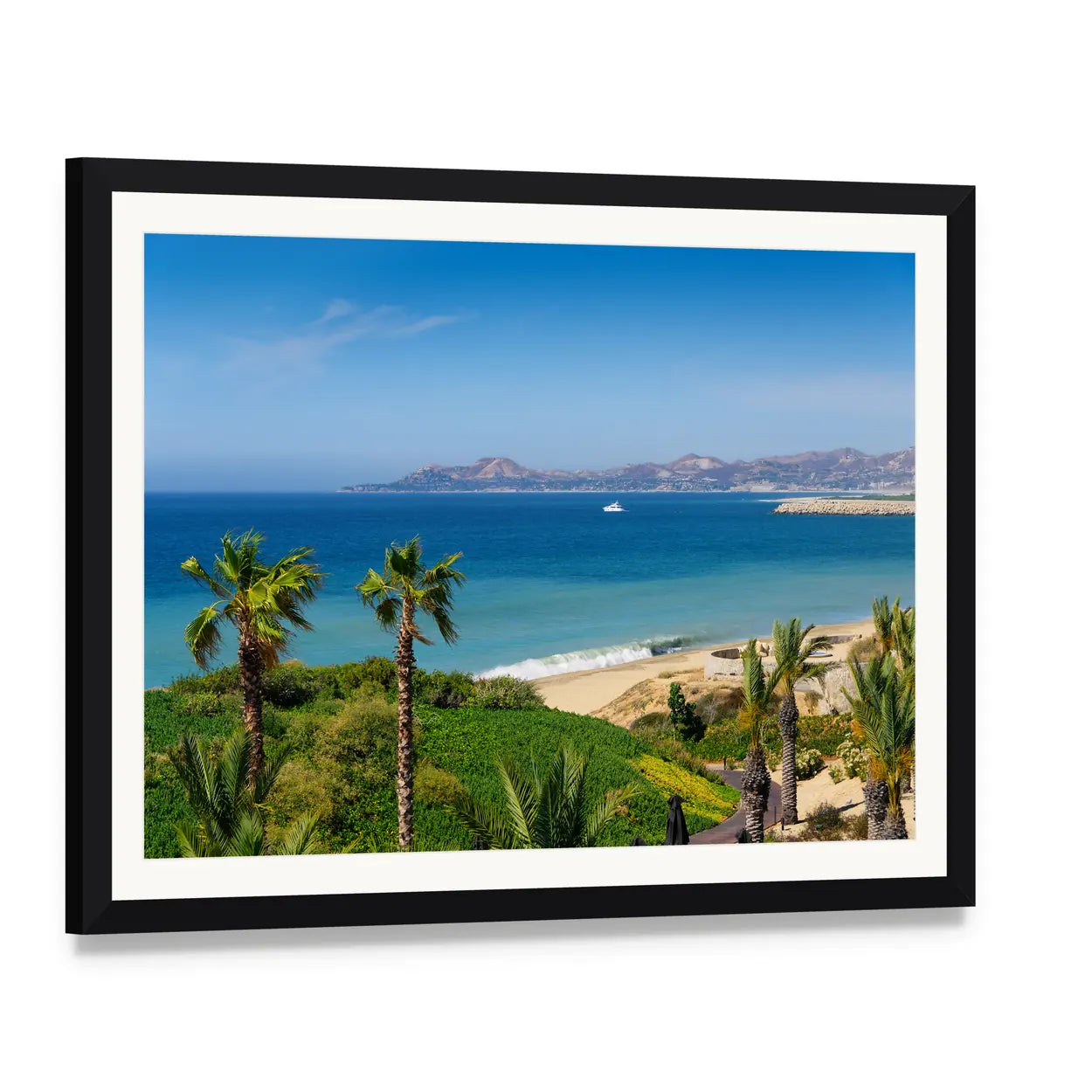 Tropical Beach with Palm Trees and Sailboat Canvas Wall Art, framed print with white mat and black frame, angled product view