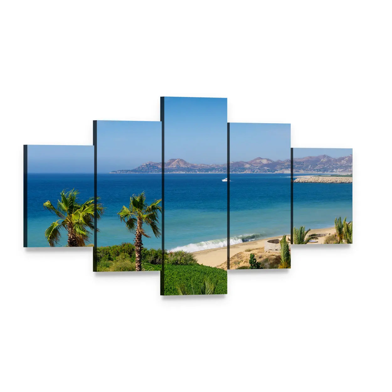 Tropical Beach with Palm Trees and Sailboat Canvas Wall Art, 5 panel 5 Star layout gallery wrapped canvas set, angled product view