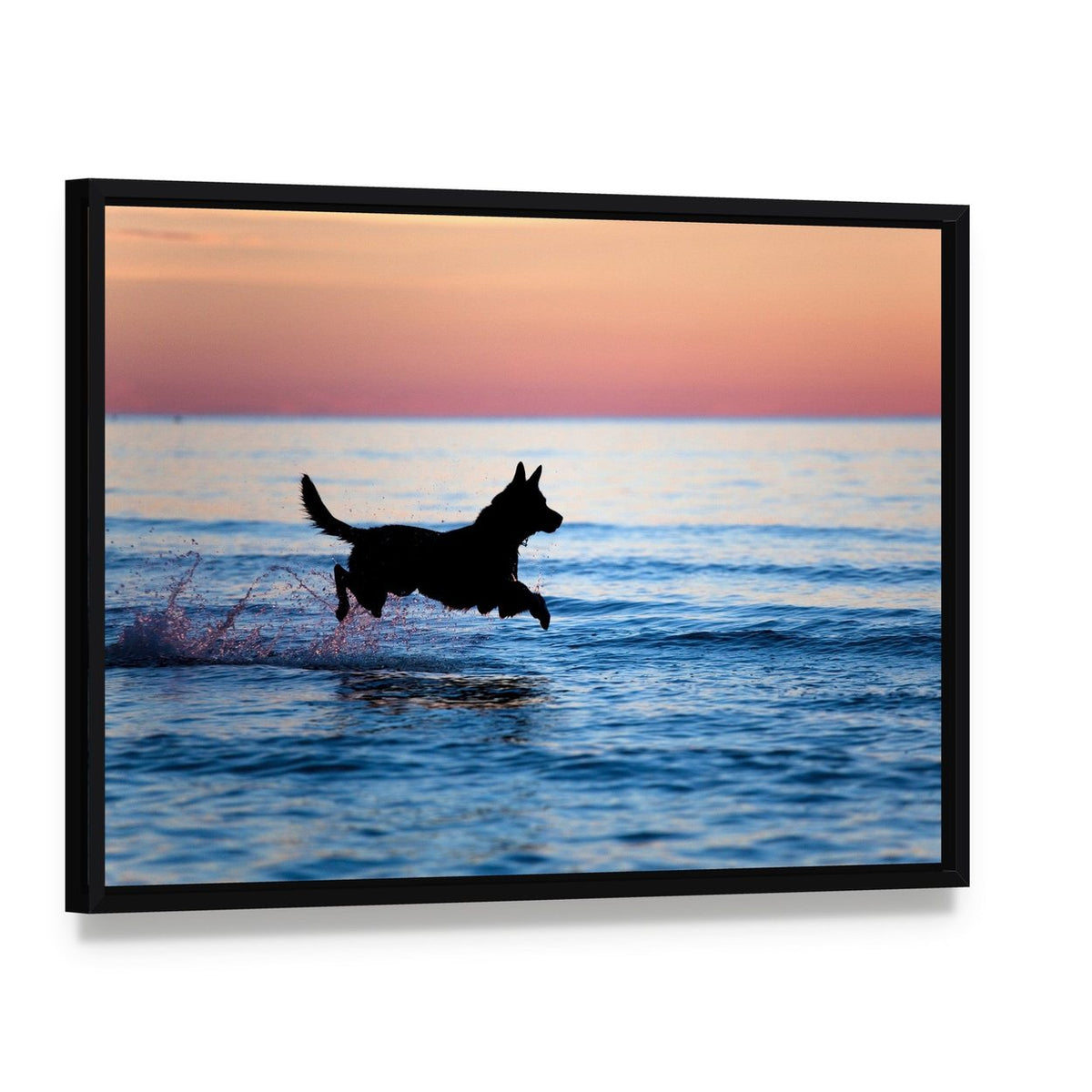 Dog Running on Water Canvas Wall Art, framed canvas in a black floater frame, angled product view