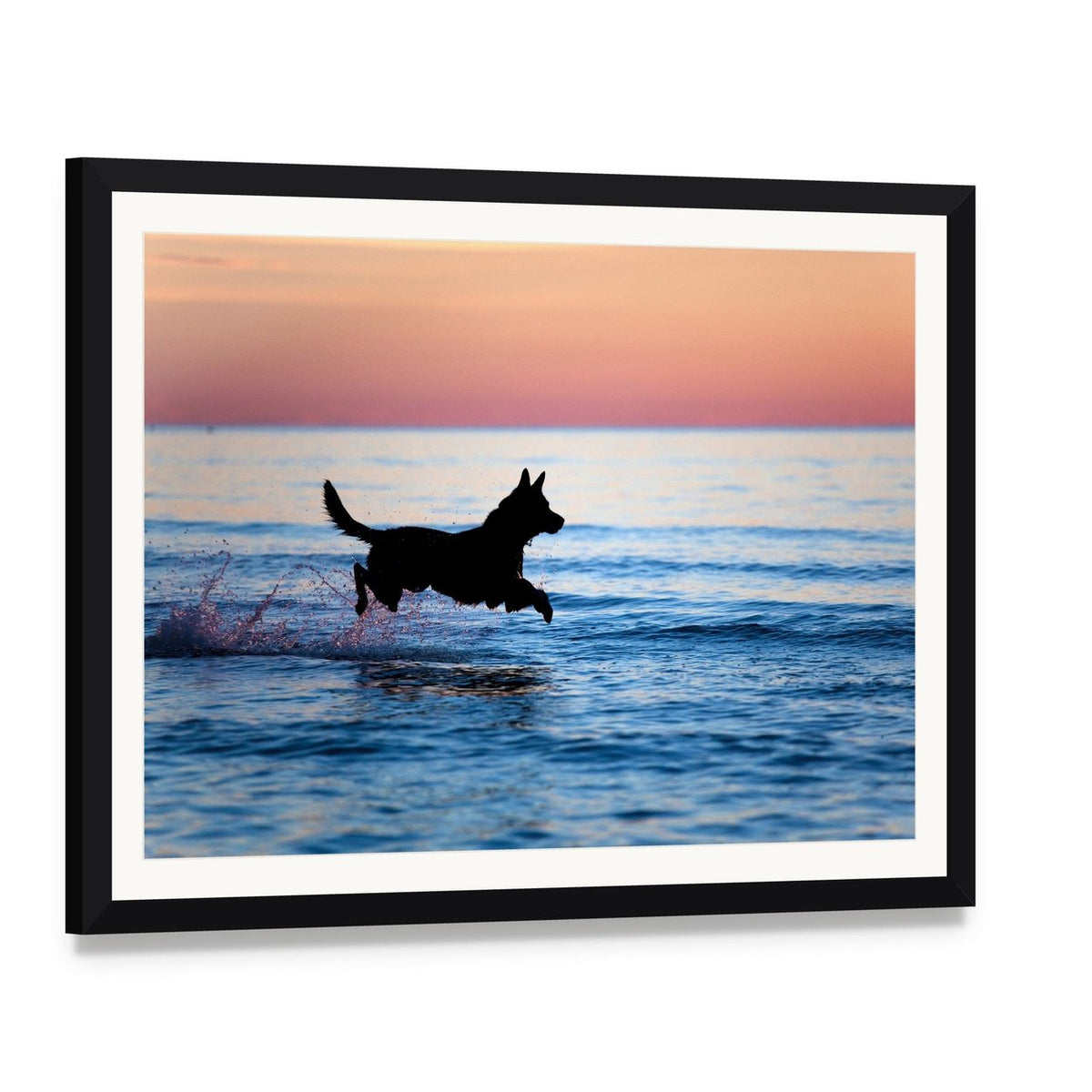 Dog Running on Water Canvas Wall Art, framed print with white mat and black frame, angled product view