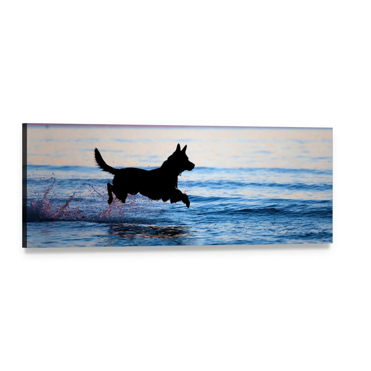 Leaping Dog Over Water Panoramic Canvas Wall Art, single panel gallery wrapped canvas, angled product view