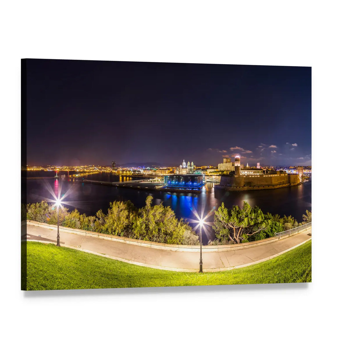 Vieux Port at Night, Marseille Canvas Wall Art, single panel gallery wrapped canvas, angled product view